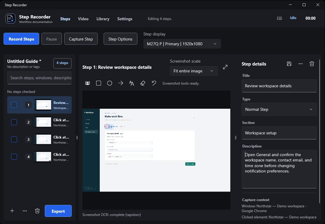 Screenshot guide editor with a numbered step list and editable instructions